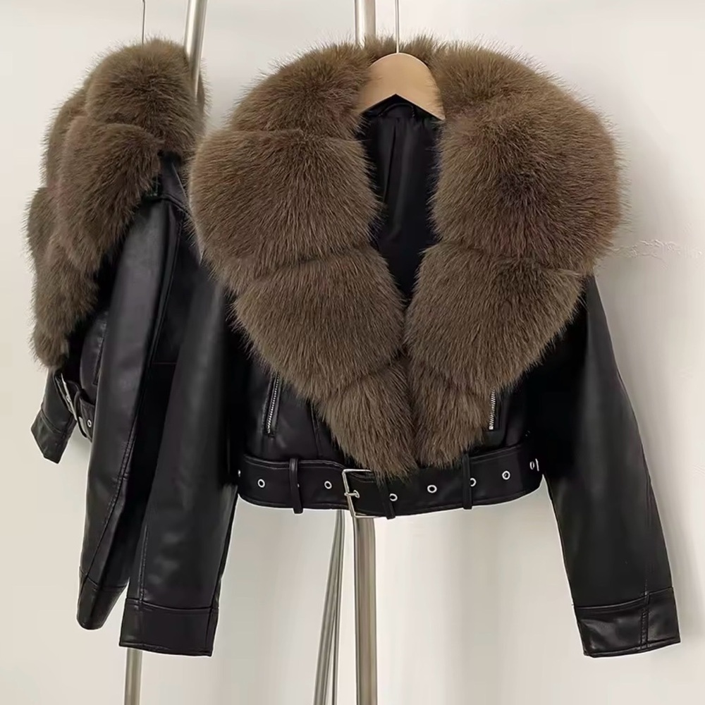 Luxurious Brown Faux Fur Collar Leather Jacket